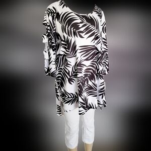 Petsche Women Tropical Tunic CutOut Sleeves Travel/Vacation Stretchy White/Blk L